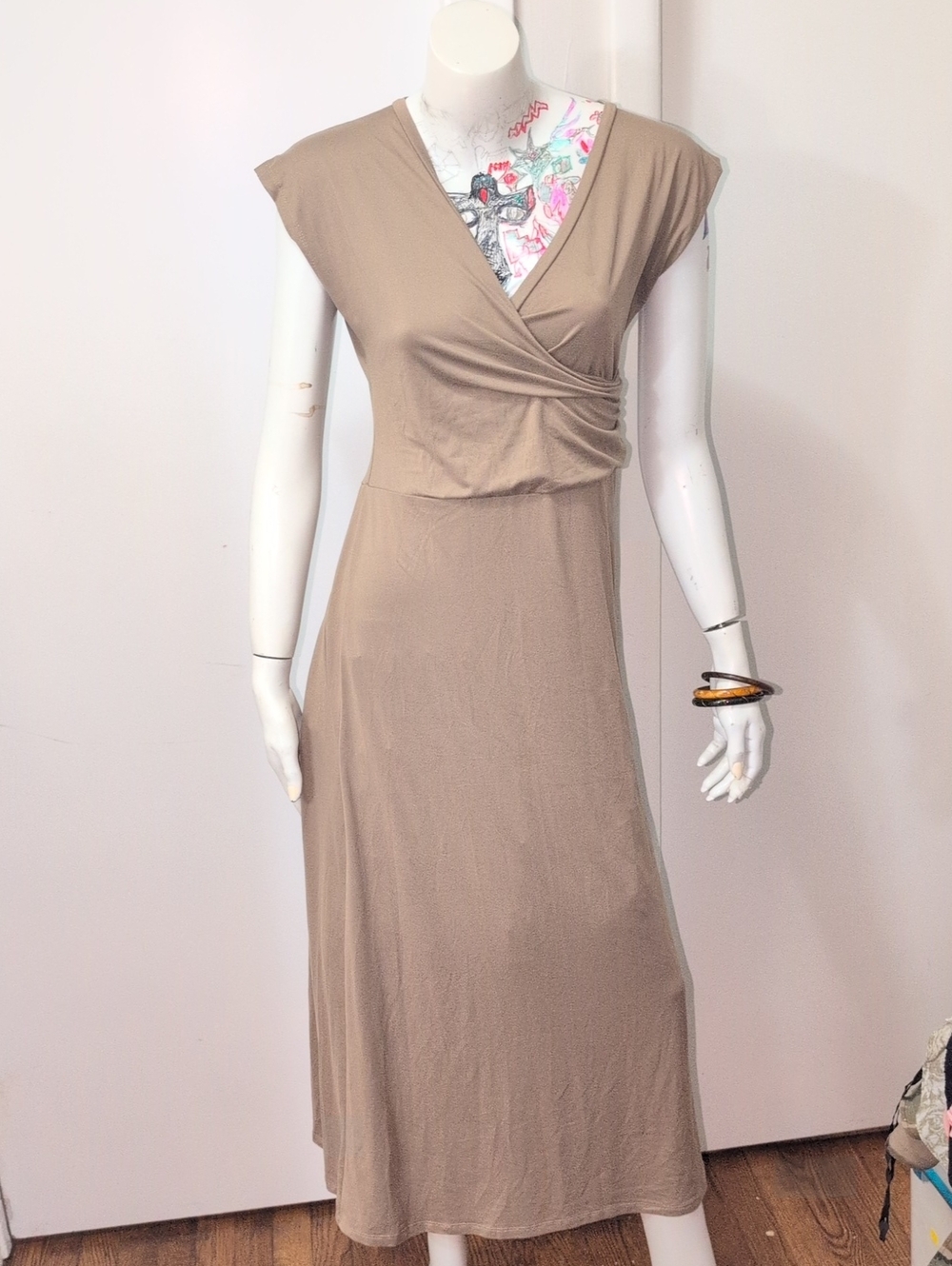 Doublju Taupe Faux-Wrap Maxi Dress